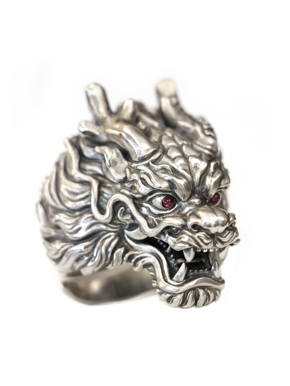 PurpleRed CZ Eyes 925 Sterling Silver Details Dragon Ring TA455 US Size 9.5