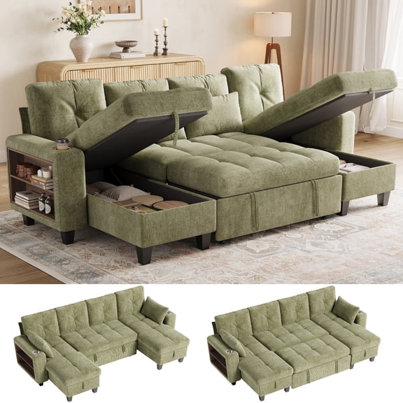 LINSY HOME 109" Modular Sectional Sofa with Pull Out Bed, Multi-functional Armrest & Storage Chaise, 4-Seat Pull Out Couch with Shelves, USB Ports & Cup Holders, Chenille Green