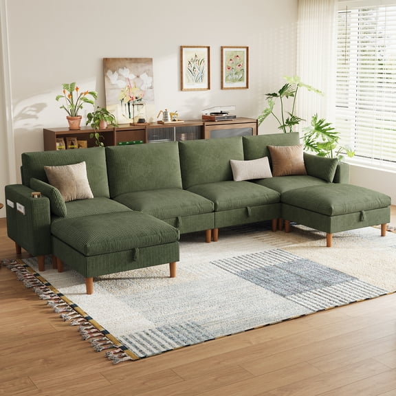 LINSY HOME 142" U shape Modular Sectional Sofa with 2 Movable Ottomans, Corduroy 4-Seat Deep Seat Couches with USB Charging Port, Side Pocket & Cup Holder for Living Room Apartment Office, Green