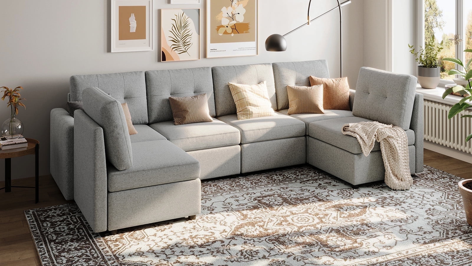 Light Gray Polylinen 6-Seat Modular Sectional Sofa with Storage