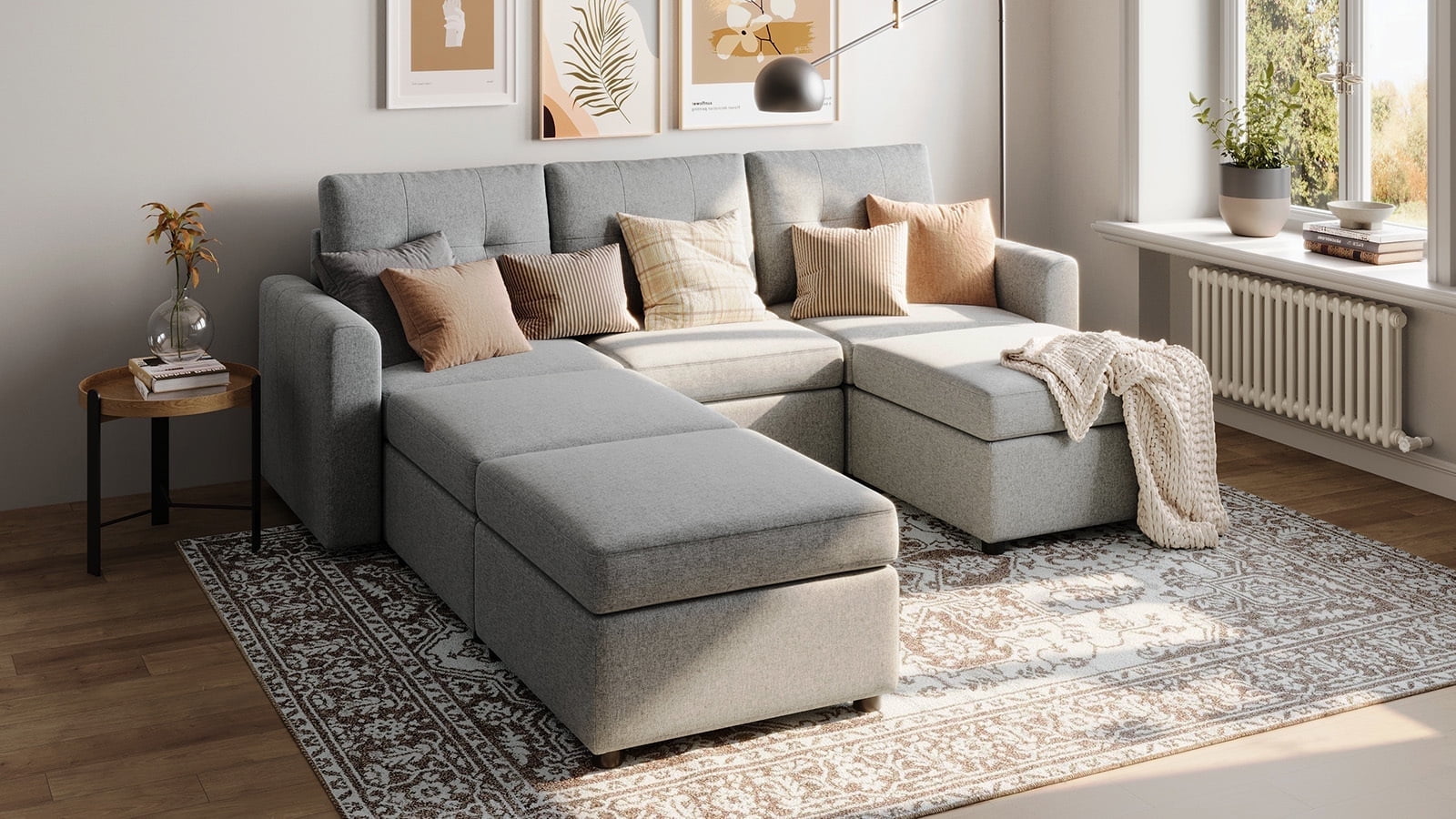 Gray Polylinen Modular Sectional Sofa with Ottoman
