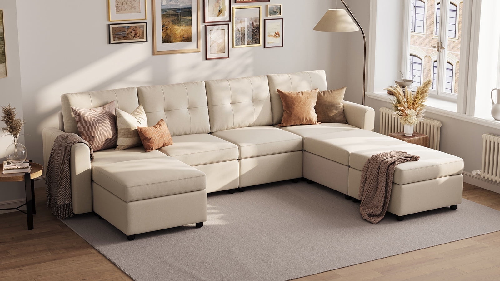 Beige Oversized Modular Sectional Sofa with Storage and Ottoman