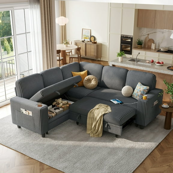 Linsy Home Plush Corduroy Sleeper Sofa Bed with Storage Seat, Pull Out Couch Bed with USB, Cup Holder, Side Pocket, V Shaped Sectional Couches for Living Room, Apartment, Dark Grey