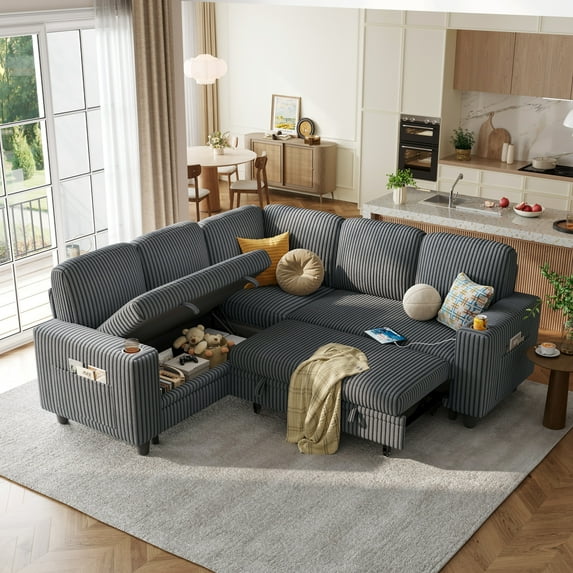 Linsy Home Plush Corduroy Sleeper Sofa Bed with Storage Seat, Pull Out Couch Bed with USB, Cup Holder, Side Pocket, V Shaped Sectional Couches for Living Room, Apartment, Dark Grey