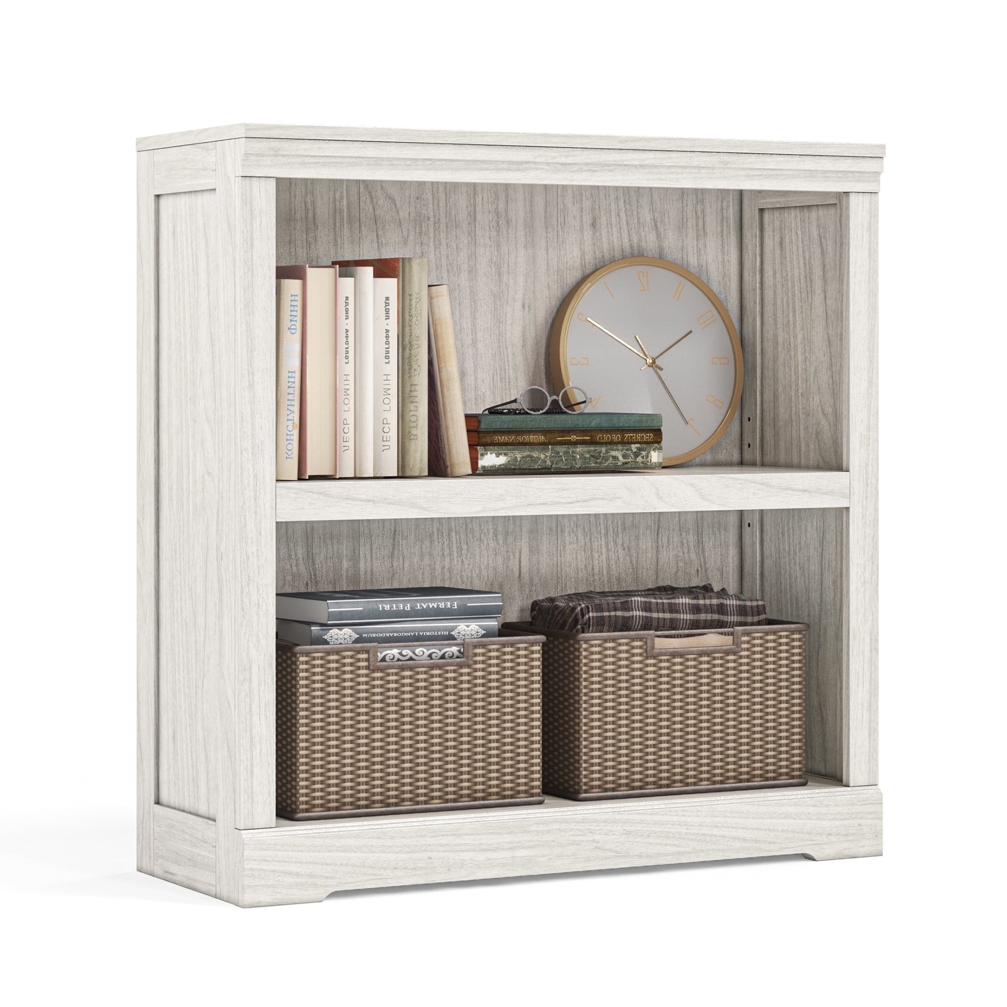 LINSY HOME 32in 2 Tier Bookshelf, Small Bookcase Shelf Storage Organizer, Modern Book Shelf for Bedroom, Living Room and Home Office, White Oak