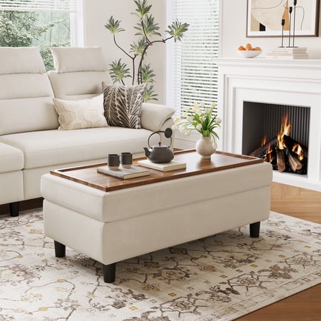 LINSY HOME Ottoman Coffee Table, Upholstered Storage Bench for Living Room, Bedroom or Entryway, Beige