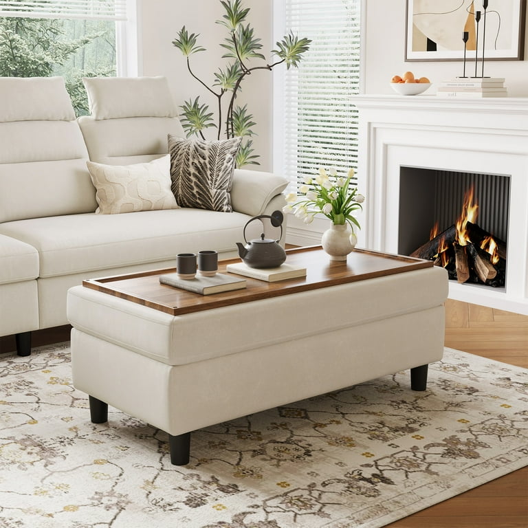 LINSY HOME 46 Inches Wide Storage Ottoman Bench Linen Coffee Table for The Living Room Entryway and Family Room Beige