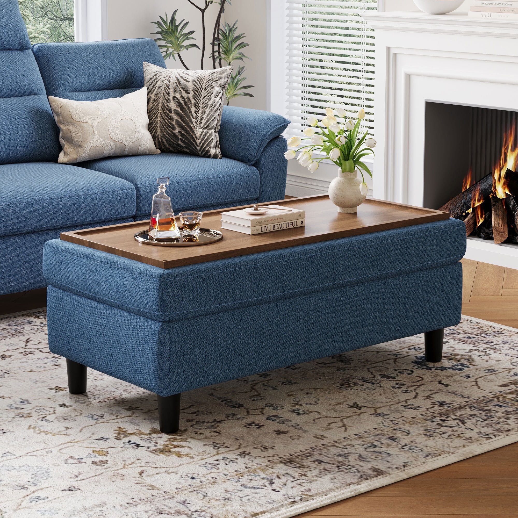 LINSY HOME 46" Large Ottoman with Storage, Ottoman Coffee Table, Upholstered Storage Bench for Living Room, Bedroom or Entryway, Blue