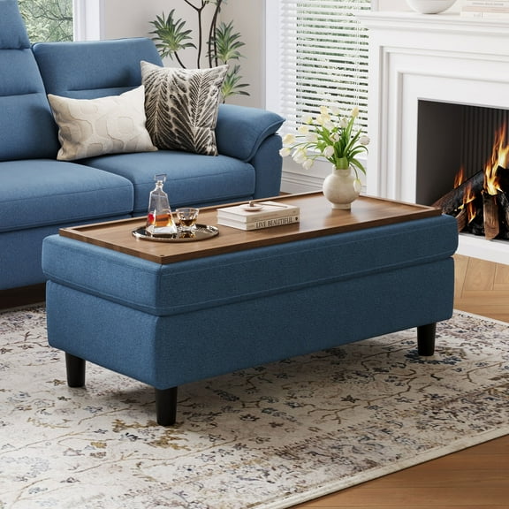 LINSY HOME 46" Large Ottoman with Storage, Ottoman Coffee Table, Upholstered Storage Bench for Living Room, Bedroom or Entryway, Blue