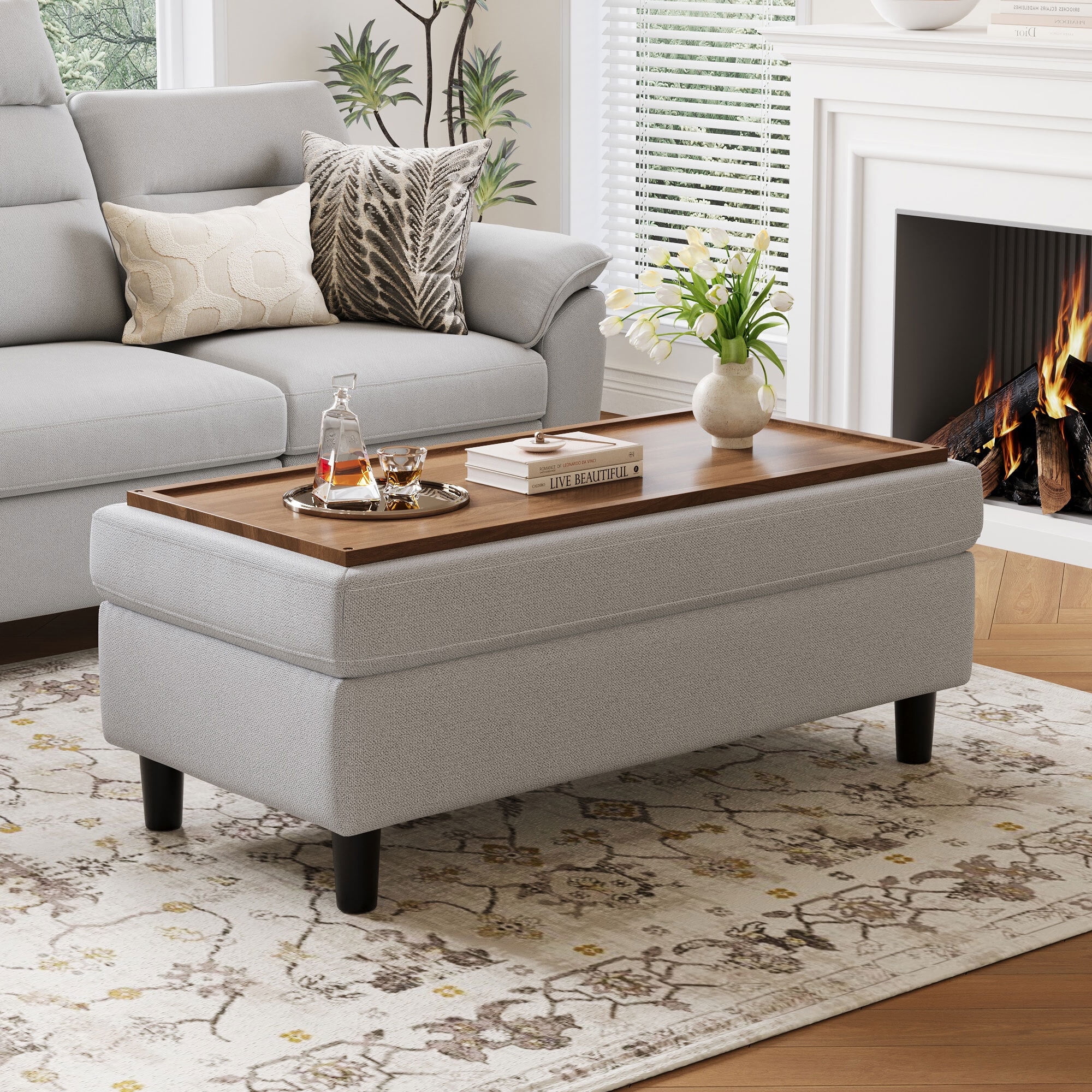 LINSY HOME 46" Large Ottoman with Storage, Ottoman Coffee Table, Upholstered Storage Bench for Living Room, Bedroom or Entryway, Light Grey