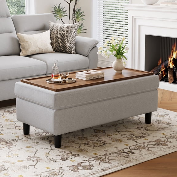 LINSY HOME 46" Large Ottoman with Storage, Ottoman Coffee Table, Upholstered Storage Bench for Living Room, Bedroom or Entryway, Light Grey