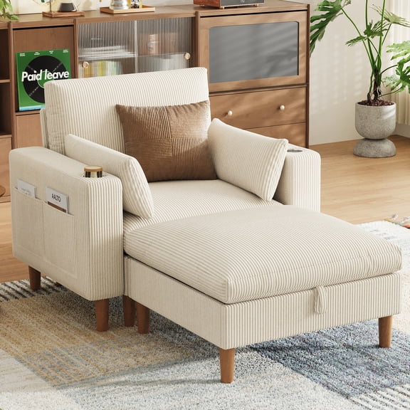 LINSY HOME 46" Modular Sectional 1-Seat Sofa with 1 Ottoman, Comfy Deep Seat Corduroy Sofa with USB Charging Port, Side Pocket & Cup Holder for Living Room Bedroom, Beige