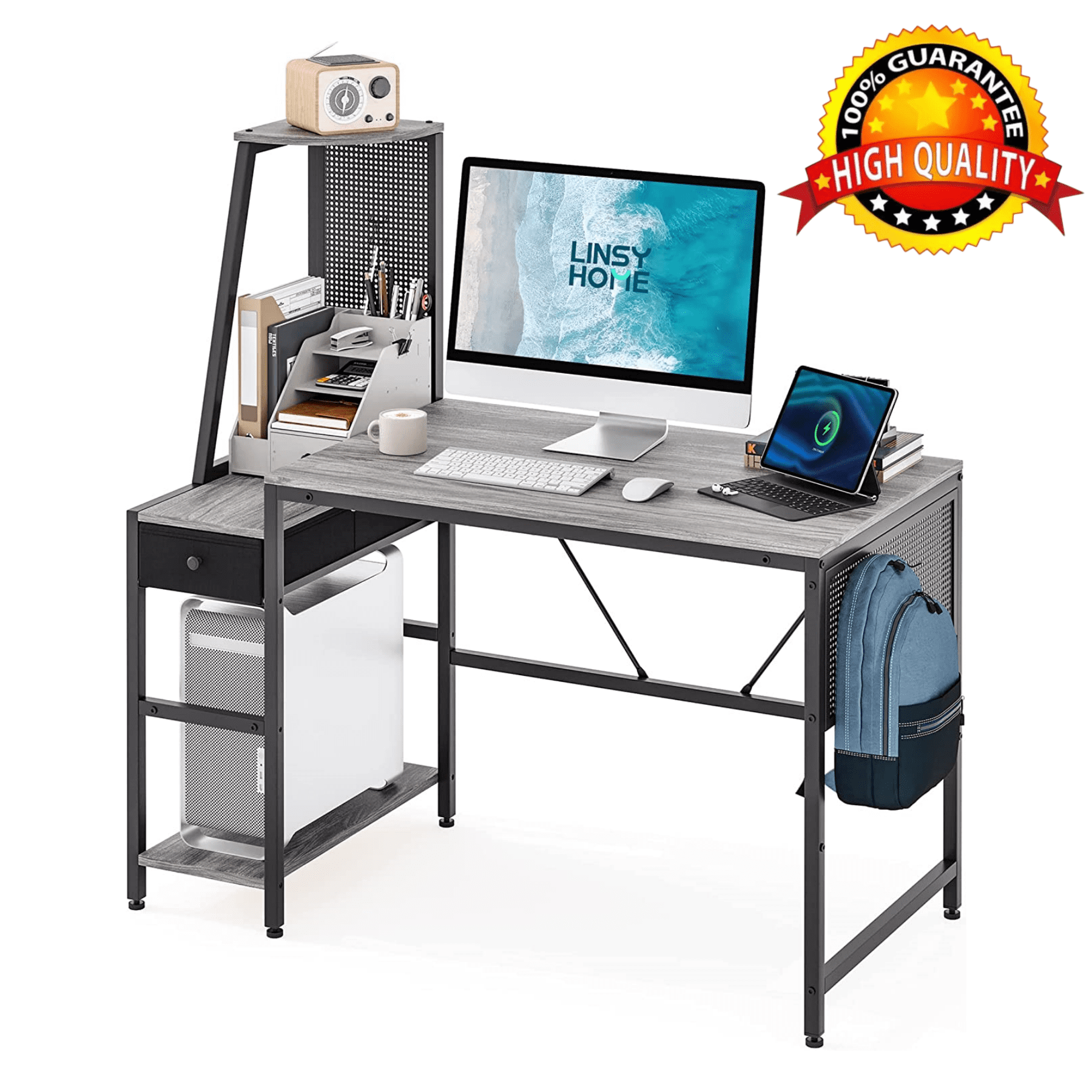 LINSY HOME 48 Inch Computer Desk with Shelves Study Writing Table for