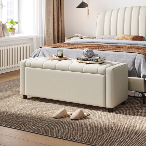 LINSY HOME 49.6" Velvet Ottoman with Storage, Upholstered Ottoman Bench with Gas Lift forLiving Room, Bedroom, Entryway, Beige