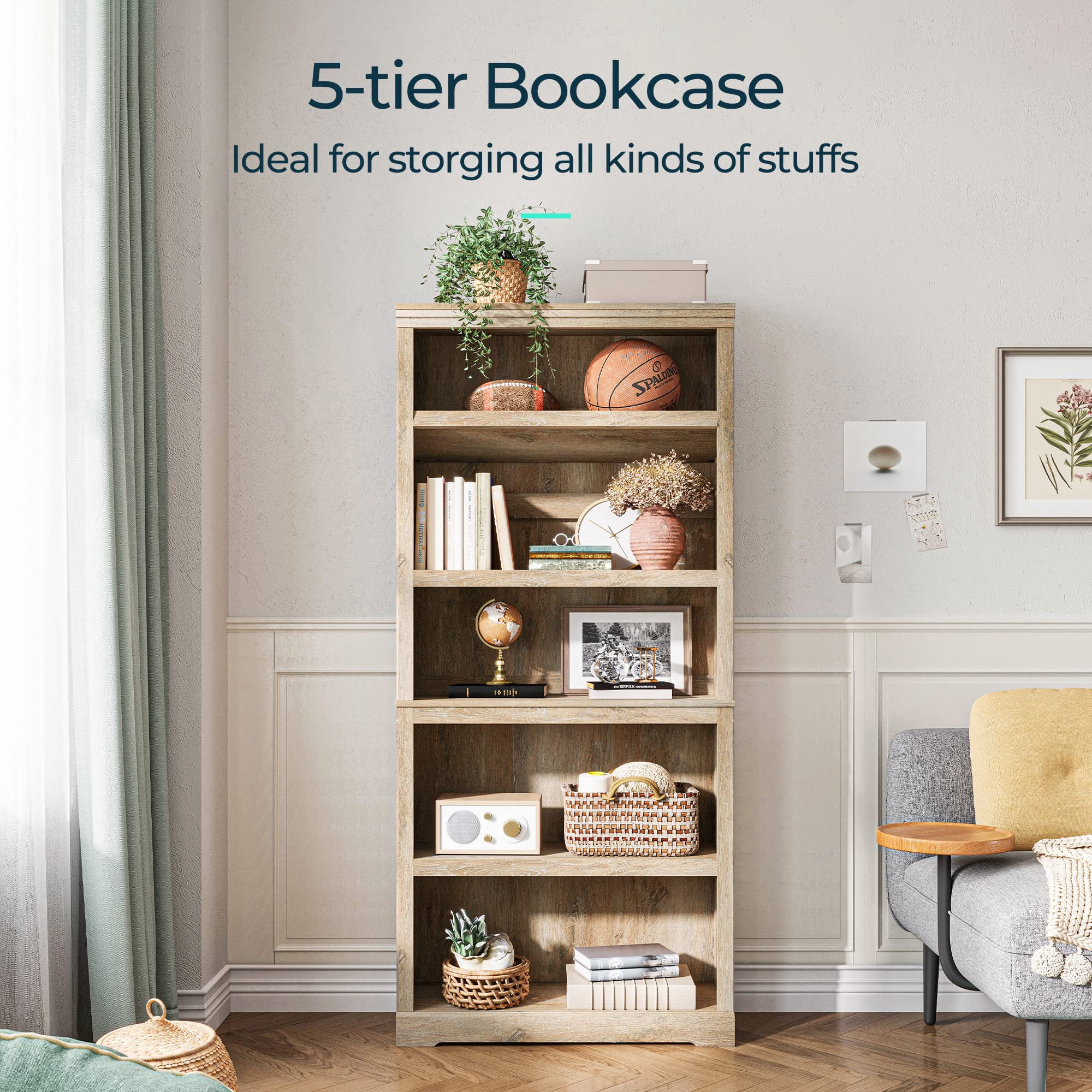 LINSY HOME 5Shelf Bookcase, Bookshelves Floor Standing Display Storage