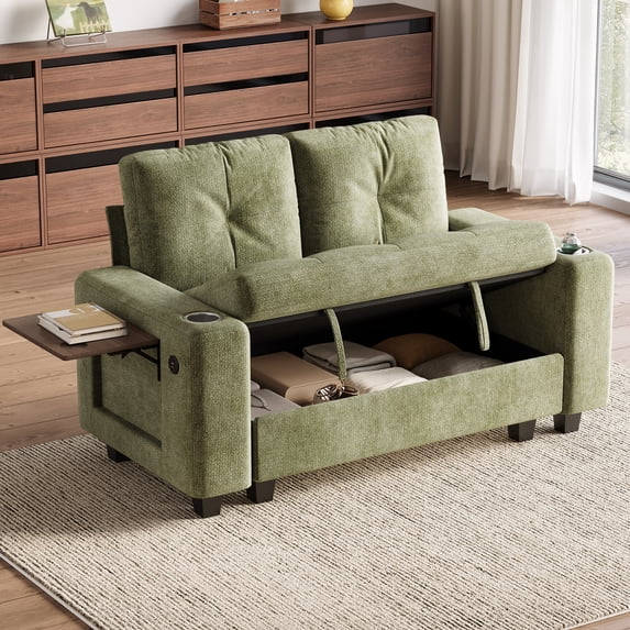 LINSY HOME 57.4" Modular Sectional Loveseat Sofa with Storage & Foldable Side Table for Small Spaces, 2-Seat Sofa with USB Charging for Living Room, Chenille Green