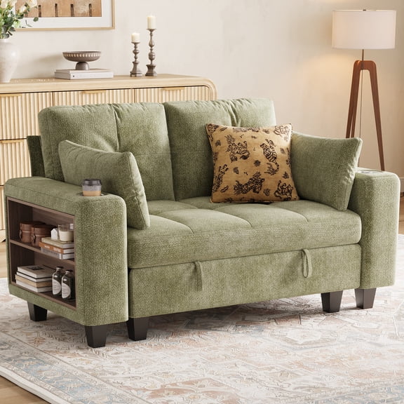 LINSY HOME 57.4" Modular Sectional Loveseat Sofa with Storage & Multi-functional Armrest for Small Spaces, 2-Seat Couch with Shelves, USB Ports & Cup Holders, Chenille Green