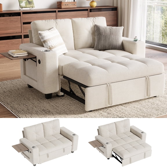 LINSY HOME 57.4" Modular Sectional Sofa with Pull Out Bed & Foldable Side Table for Small Spaces, 2-Seat Sofa Bed with USB Charging for Living Room, Chenille Beige