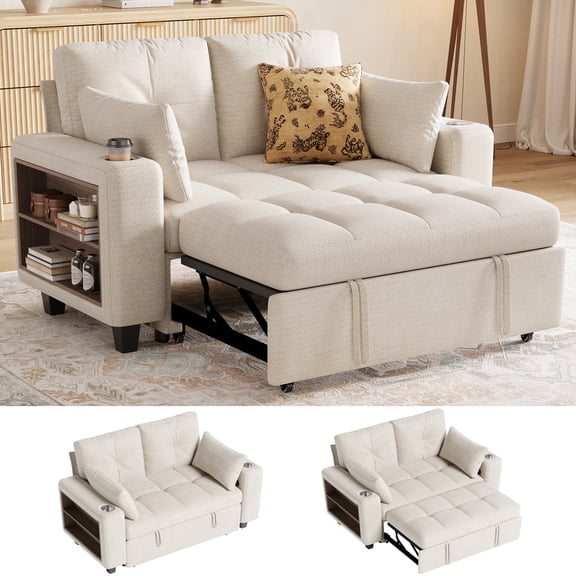LINSY HOME 57.4" Modular Sectional Sofa with Pull Out Bed & Multi-functional Armrest for Small Spaces, 2-Seat Pull Out Couch with Shelves, USB Ports & Cup Holders, Chenille Beige