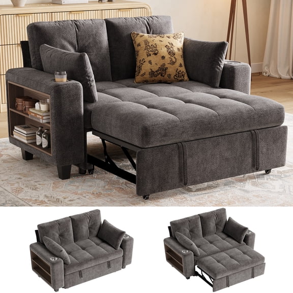 LINSY HOME 57.4" Modular Sectional Sofa with Pull Out Bed & Multi-functional Armrest for Small Spaces, 2-Seat Pull Out Couch with Shelves, USB Ports & Cup Holders, Chenille Gray