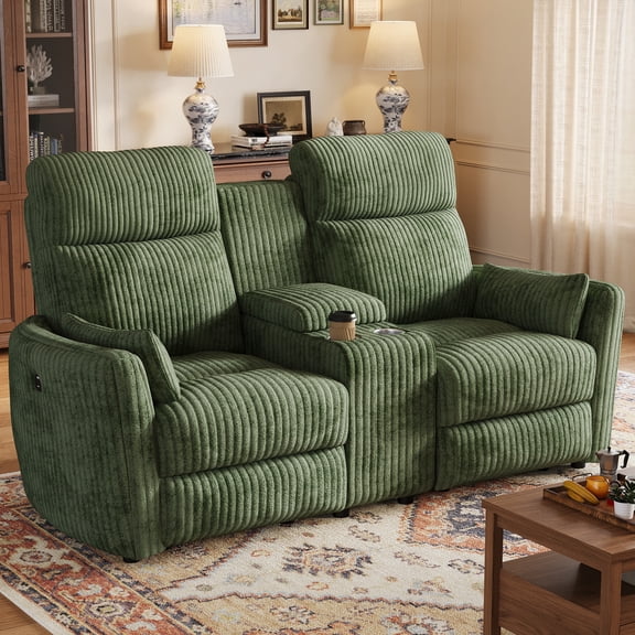 LINSY HOME 67" Modular Reclining Loveseat Sofa with Console, 2-Seat Manual Sectional with Hidden Storage, Home Theater Couch for Living Room, Game Room (Green Corduroy)