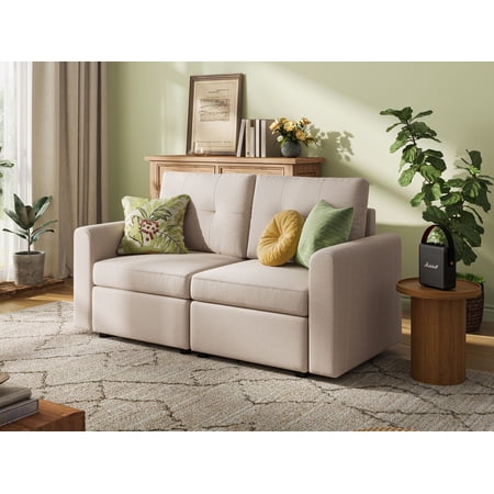 LINSY HOME 67"W Egyptian Cotton Extra Deep Loveseat Sofa Couch with Storage, RUBIK III Upholstered 2-Seat Sofa for Small Space, Living Room, Bedroom, Apartment, Beige