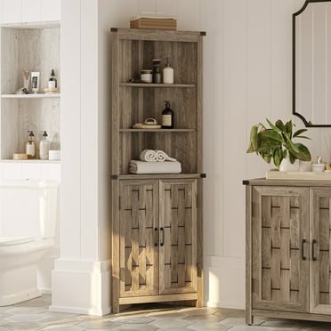 LINSY HOME 68" Tall Corner Storage Cabinet, Farmhouse Corner Cabinet Shelves with 2 Barn Doors &Adjustable Shelves, Light Brown