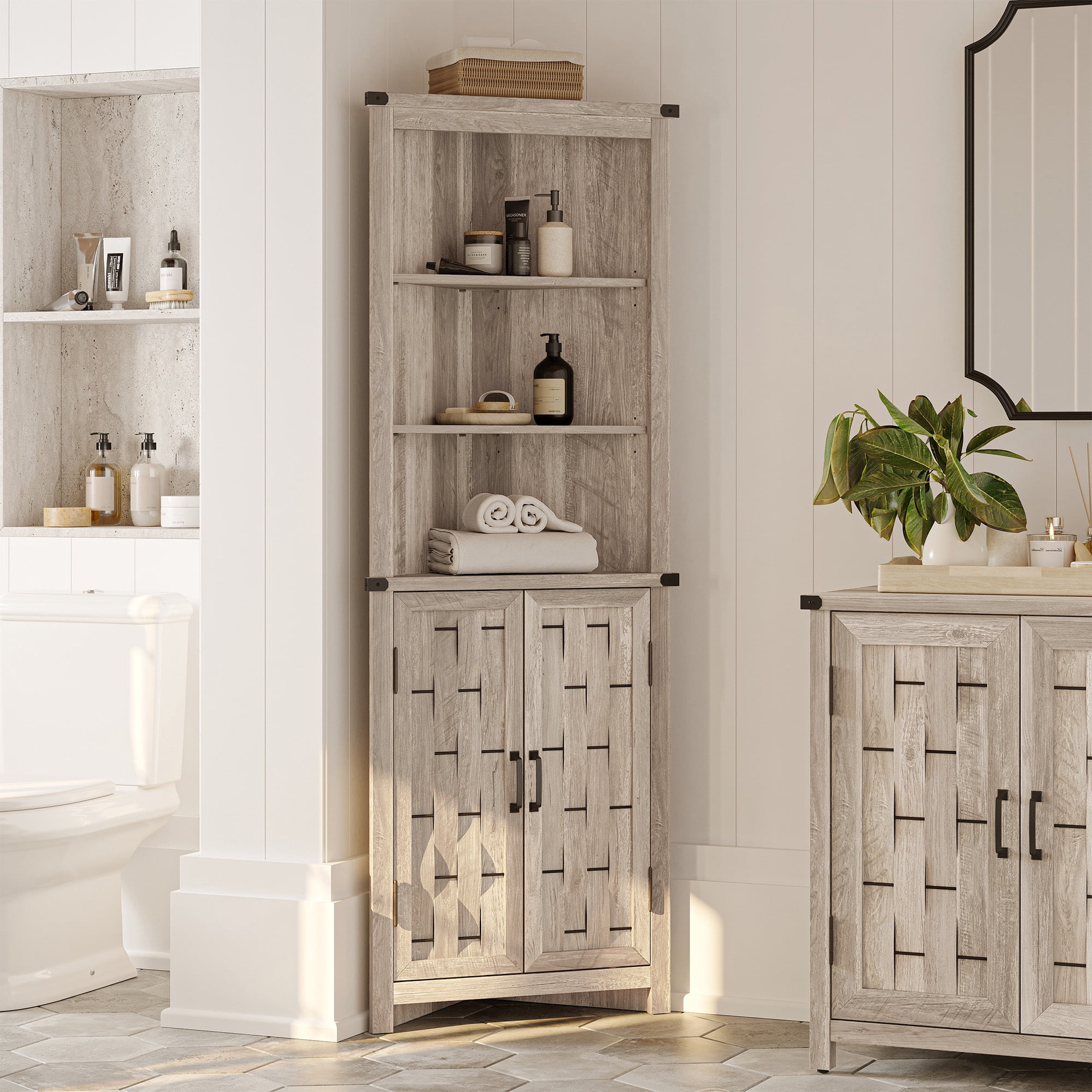 LINSY HOME 68" Tall Corner Storage Cabinet, Farmhouse Corner Cabinet Shelves with 2 Barn Doors &Adjustable Shelves, Light Gray