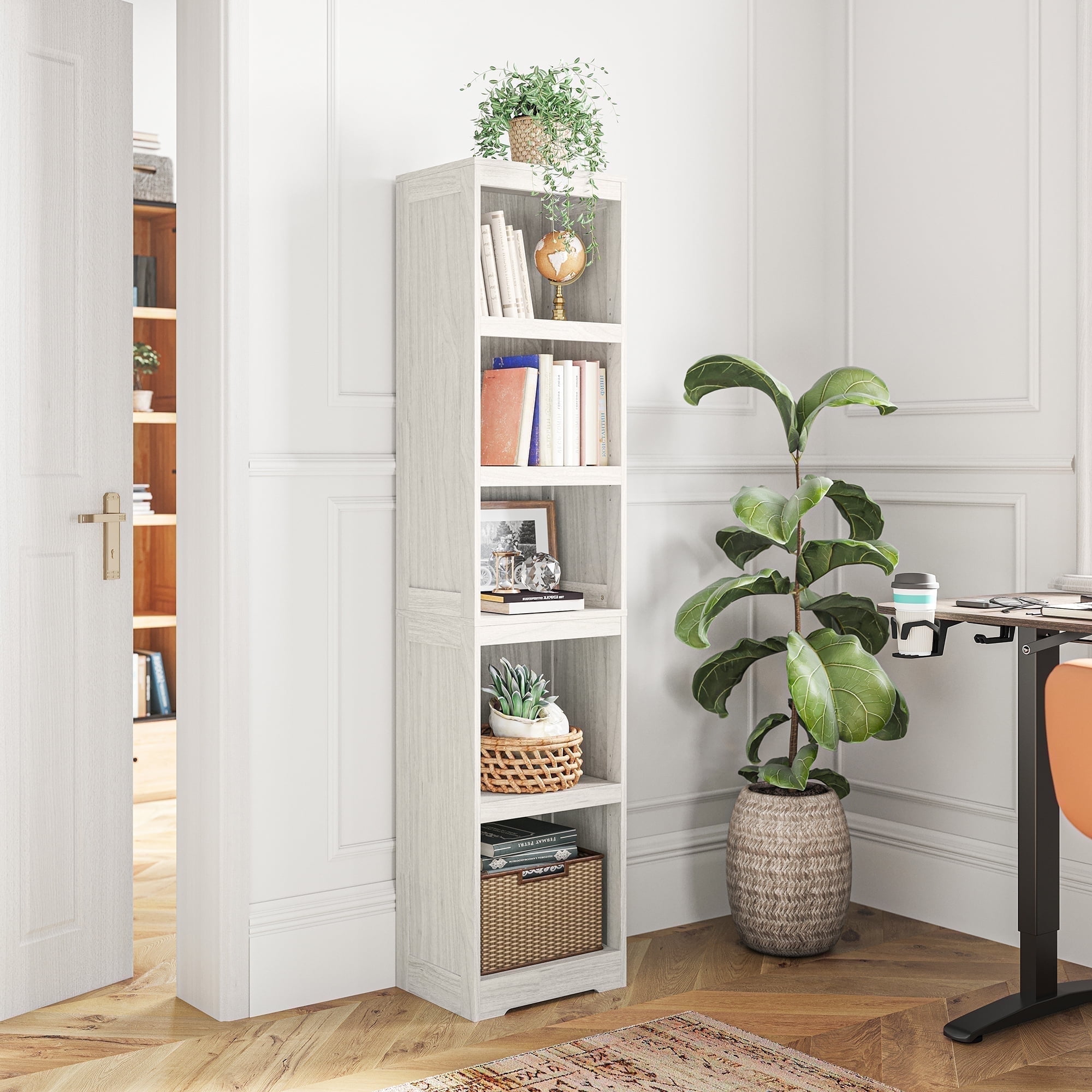 LINSY HOME 68in 5 Tier Bookshelf, Tall Narrow Bookcase Shelf Storage Organizer, Modern Book Shelf for Bedroom, Living Room and Home Office, White Oak