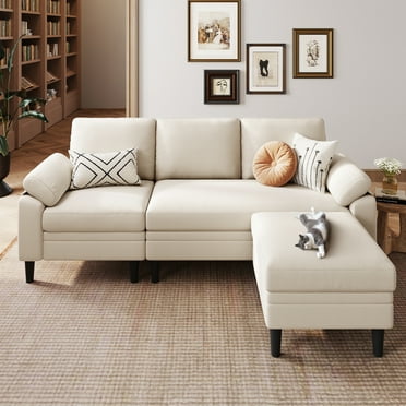 LINSY HOME 82" Reversible Sectional Sofa Couch, 3 Seater L -Shaped Sofa with Movable Ottoman for Living Room, Beige