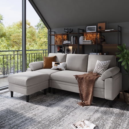 LINSY HOME 82" Reversible Sectional Sofa Couch, 3 Seater L -Shaped Sofa with Movable Ottoman for Living Room, Light Gray