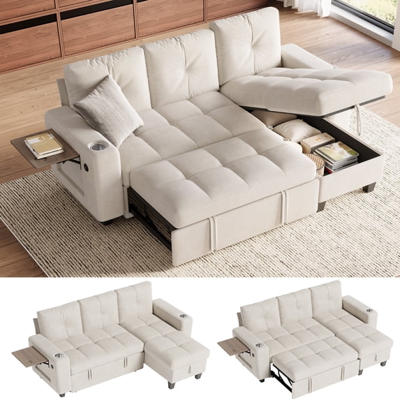 LINSY HOME 83" Modular Sectional Sofa with Pull Out Bed, Foldable Side Table & Storage Chaise, 3-Seat L Shape Couch with USB Charging for Living Room, Chenille Beige