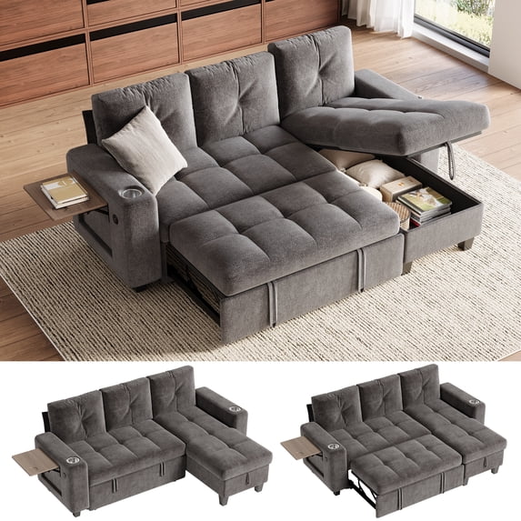 LINSY HOME 83" Modular Sectional Sofa with Pull Out Bed, Foldable Side Table & Storage Chaise, 3-Seat L Shape Couch with USB Charging for Living Room, Chenille Gray