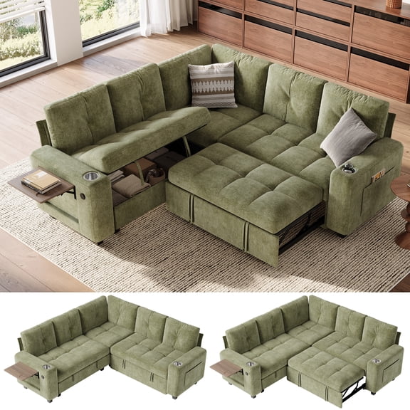 LINSY HOME 83" Modular Sectional Sofa with Pull Out Bed, Foldable Side Table & Storage Chaise, 5-Seat L Shape Couch with USB Charging for Living Room, Chenille Green