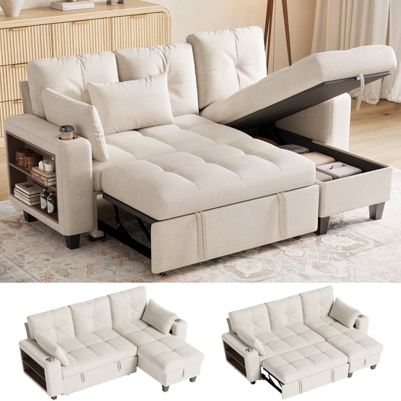 LINSY HOME 83" Modular Sectional Sofa with Pull Out Bed, Multi-functional Armrest & Storage Chaise, 3-Seat Pull Out Couch with Shelves, USB Ports & Cup Holders, Chenille Beige