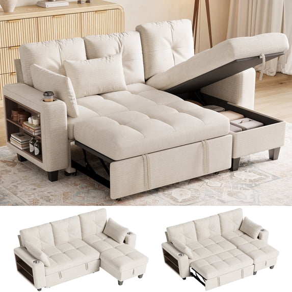 LINSY HOME 83" Modular Sectional Sofa with Pull Out Bed, Multi-functional Armrest & Storage Chaise, 3-Seat Pull Out Couch with Shelves, USB Ports & Cup Holders, Chenille Beige