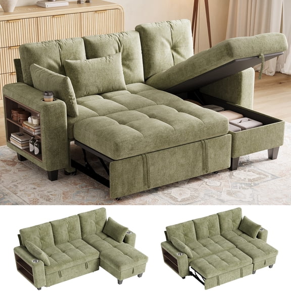 LINSY HOME 83" Modular Sectional Sofa with Pull Out Bed, Multi-functional Armrest & Storage Chaise, 3-Seat Pull Out Couch with Shelves, USB Ports & Cup Holders, Chenille Green