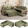 thumbnail image 1 of LINSY HOME 83" Modular Sectional Sofa with Pull Out Bed, Multi-functional Armrest & Storage Chaise, 5-Seat Pull Out Couch with Shelves, USB Ports & Cup Holders, Chenille Green, 1 of 11
