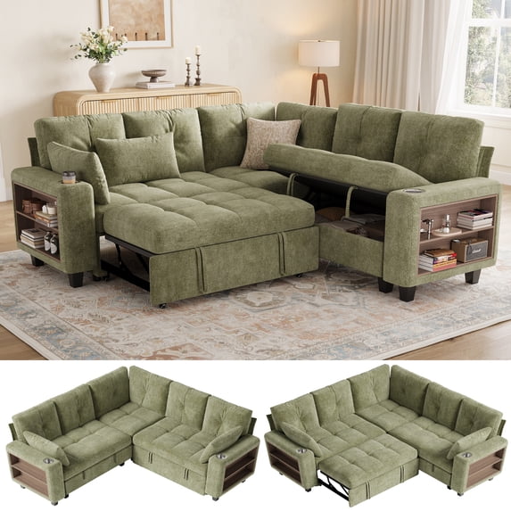 LINSY HOME 83" Modular Sectional Sofa with Pull Out Bed, Multi-functional Armrest & Storage Chaise, 5-Seat Pull Out Couch with Shelves, USB Ports & Cup Holders, Chenille Green