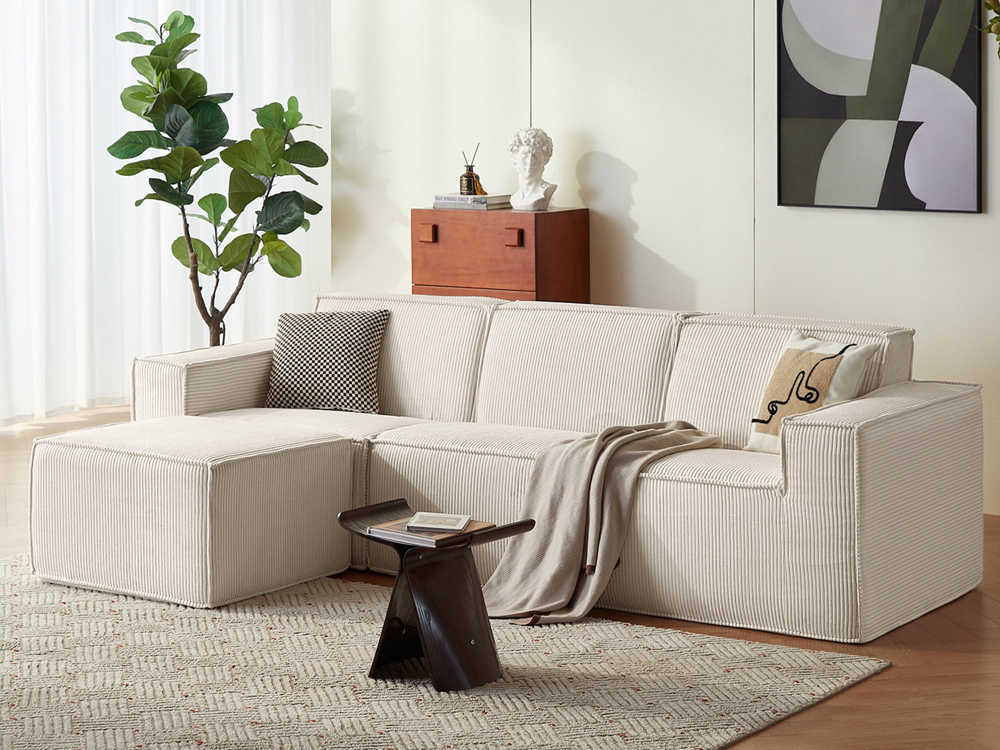 Beige Corduroy Fabric L-Shaped Sectional Sofa with Ottoman