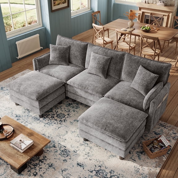 LINSY HOME 98" U-Shaped Modular Sectional Sofa with 2 Moveable Ottomans, Cloud Couch Seats 3 for Living Room, Gray
