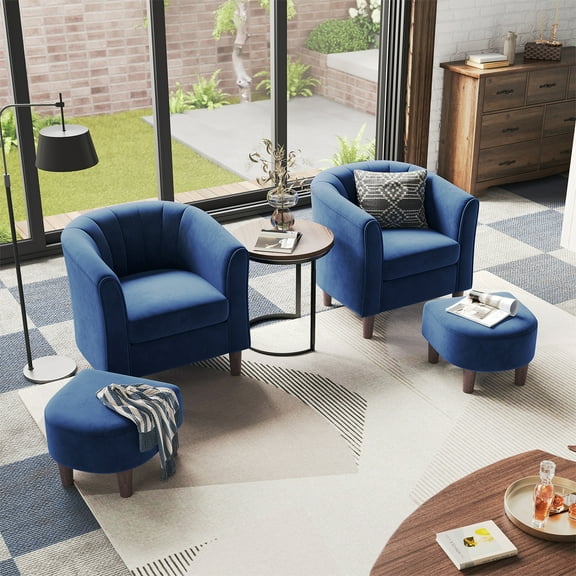 LINSY HOME Accent Chair Set of 2, Velvet Accent Chair with Ottoman for Living Room, Blue