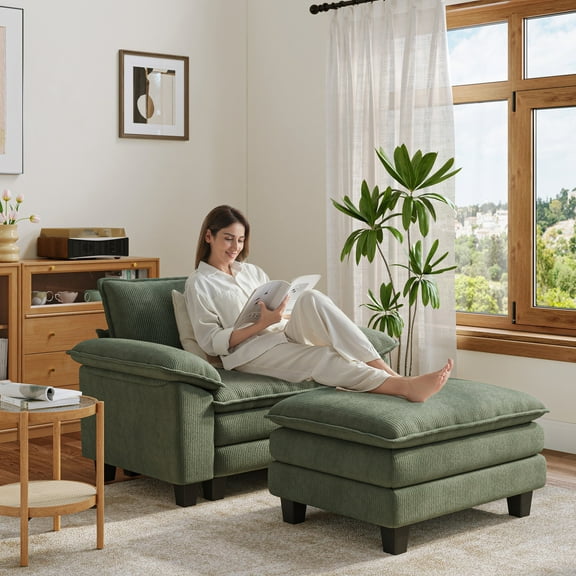 Linsy Home Oversized Corduroy Accent Chair with Ottoman for Living Room, Green