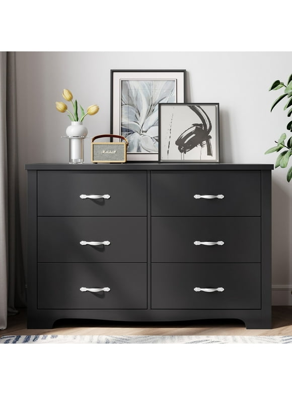 LINSY HOME Black Double Dressers,Chest of 6 Drawers