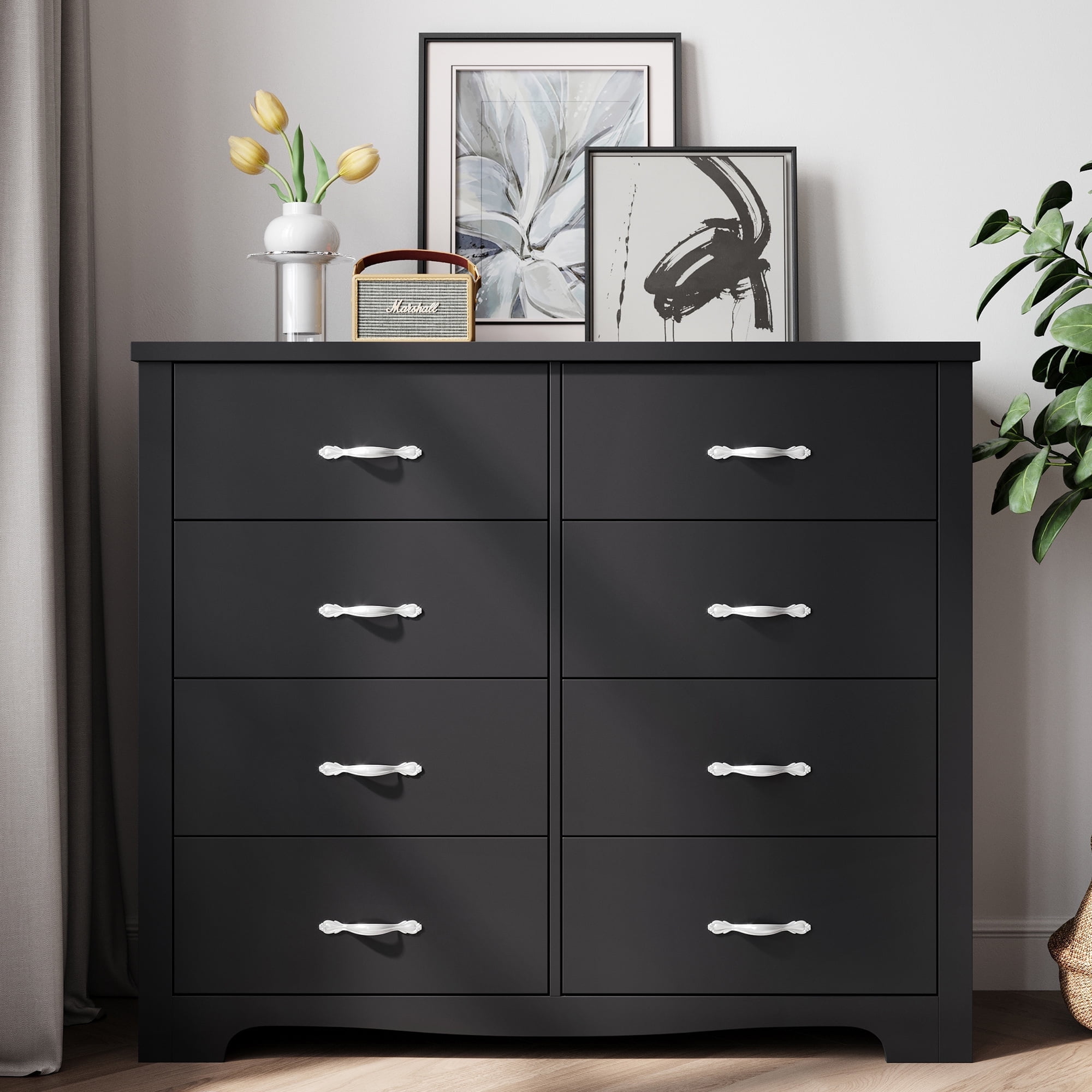 Black Mid-Century Modern 8-Drawer Double Dresser