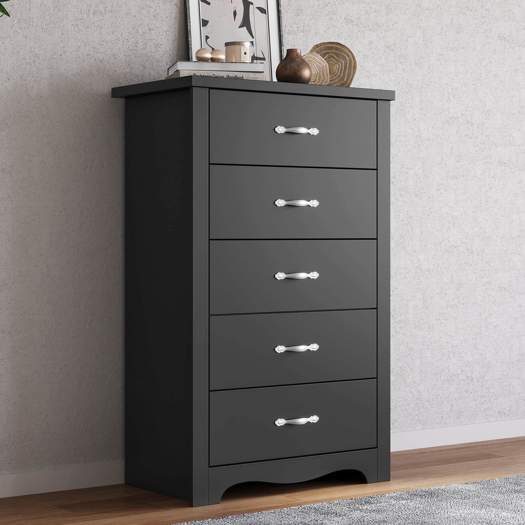 LINSY HOME Wood Dressers, Organize Your Bedroom with Black Chest of 5 ...