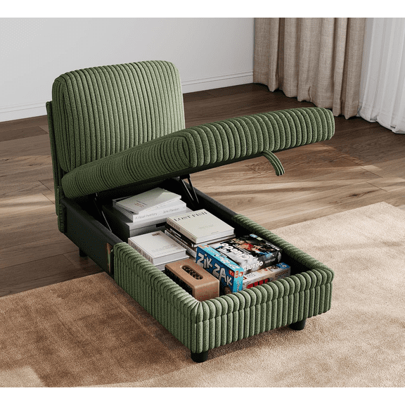 LINSY HOME Chaise Lounge with Storage for Sectional Sofa Set, Plush Corduroy Modular Sofa for Living Room, Green