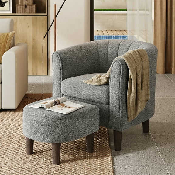 LINSY HOME Chenille Accent Chair with Ottoman for Living Room, Dark Gray