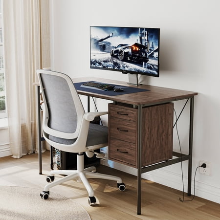 LINSY HOME Clearance Office Desk, Computer Desk with Drawers, 47" Study Writing Desks for Home with Storage Shelves,Dark Brown