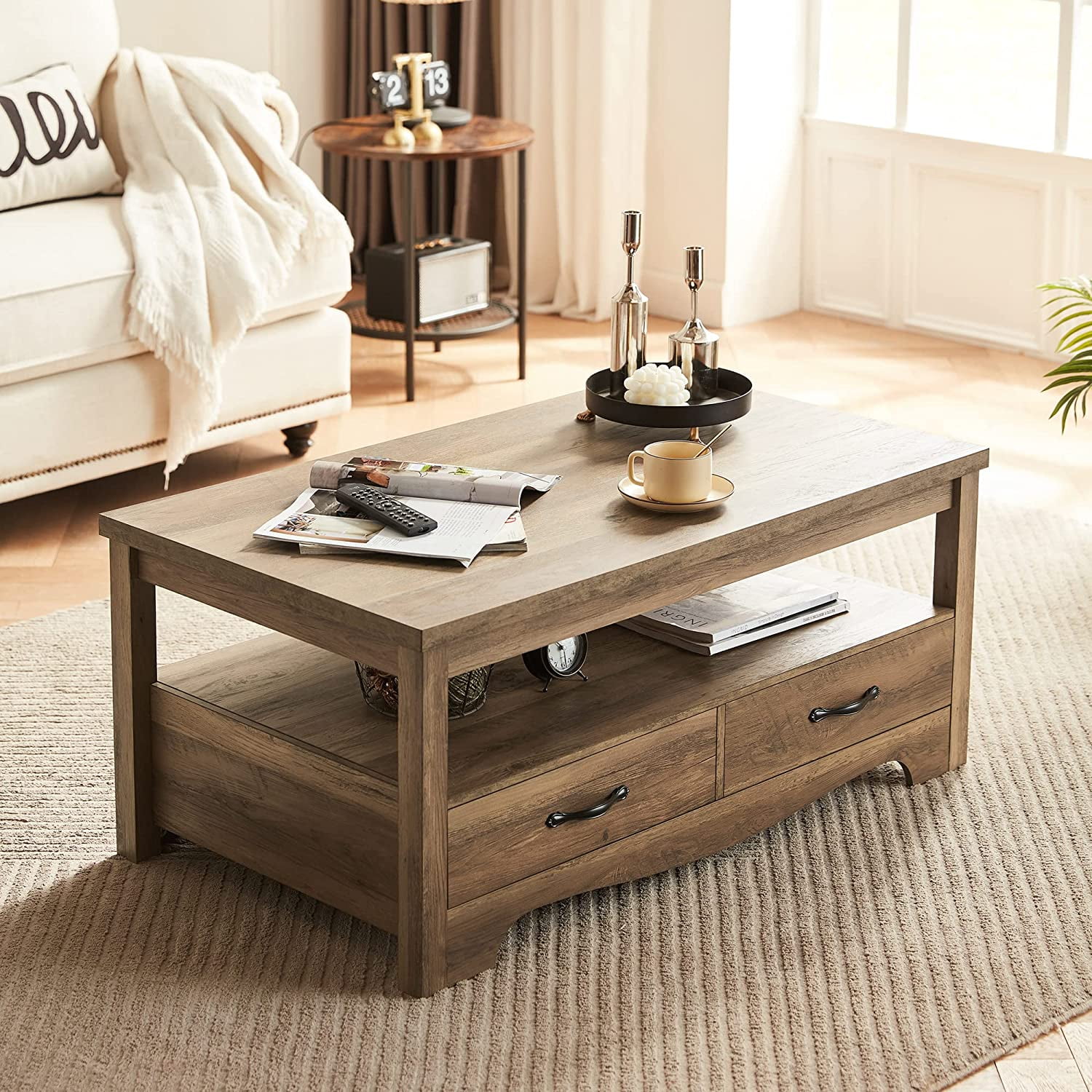 LINSY HOME Coffee Table with Storage Drawers Wooden Farmhouse TV Stand Center Table for Living Room Brown